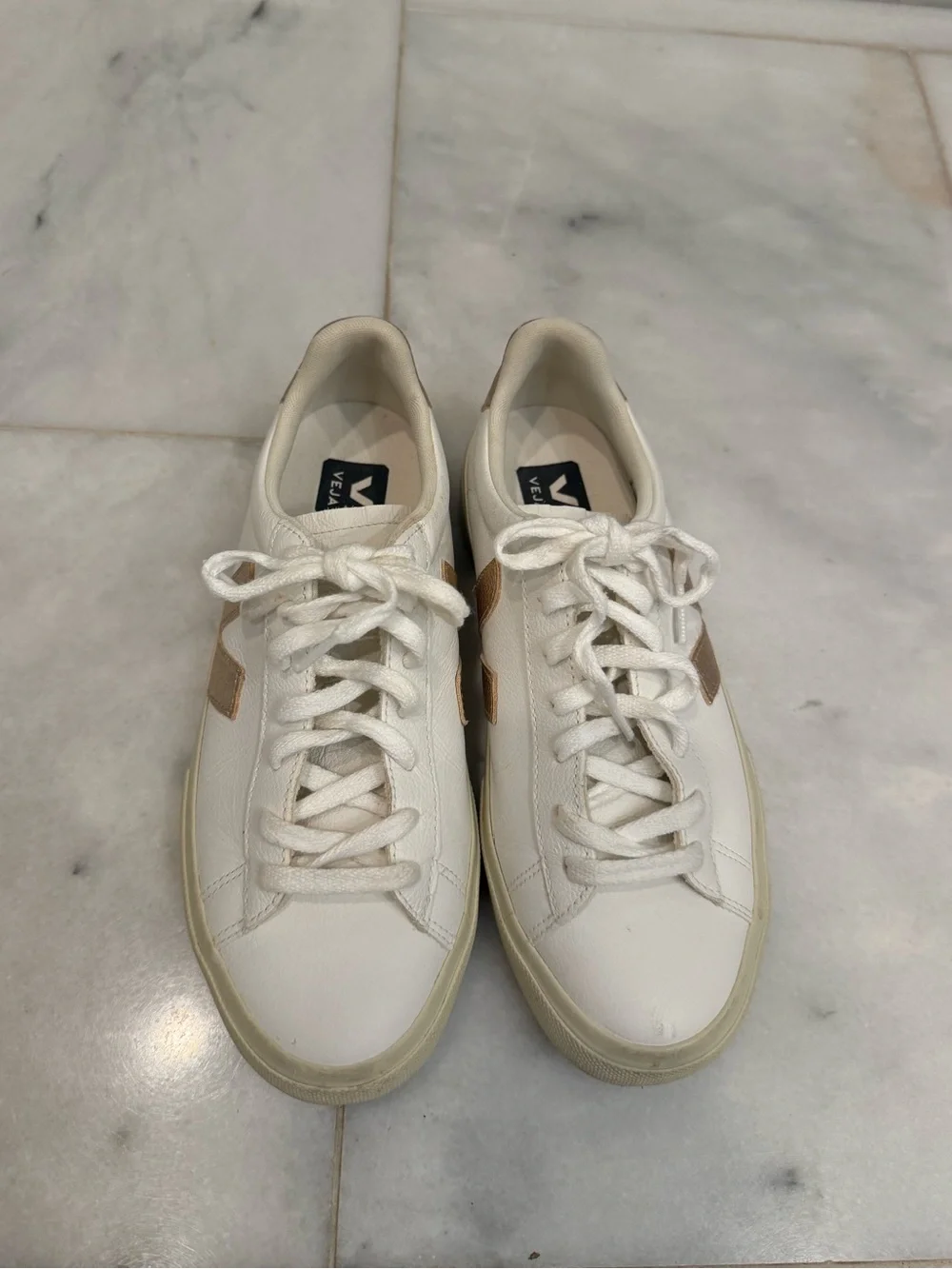 Veja White Leather Campo Sneakers with Gold V Logo. - Picture 2 of 5